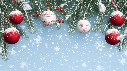 Christmas banner with fir branches and white and red decorations on blue background with snow. with generative ai