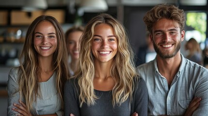 Obraz premium Group of young adults smiling together in a cozy cafe during the afternoon, showcasing friendship and joy in a relaxed setting