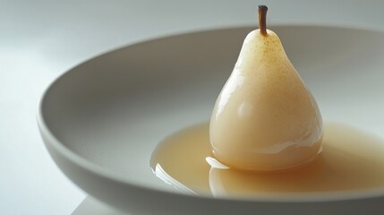   A pear rests in a white dish with a liquid at its center and a brown stick protruding from its top