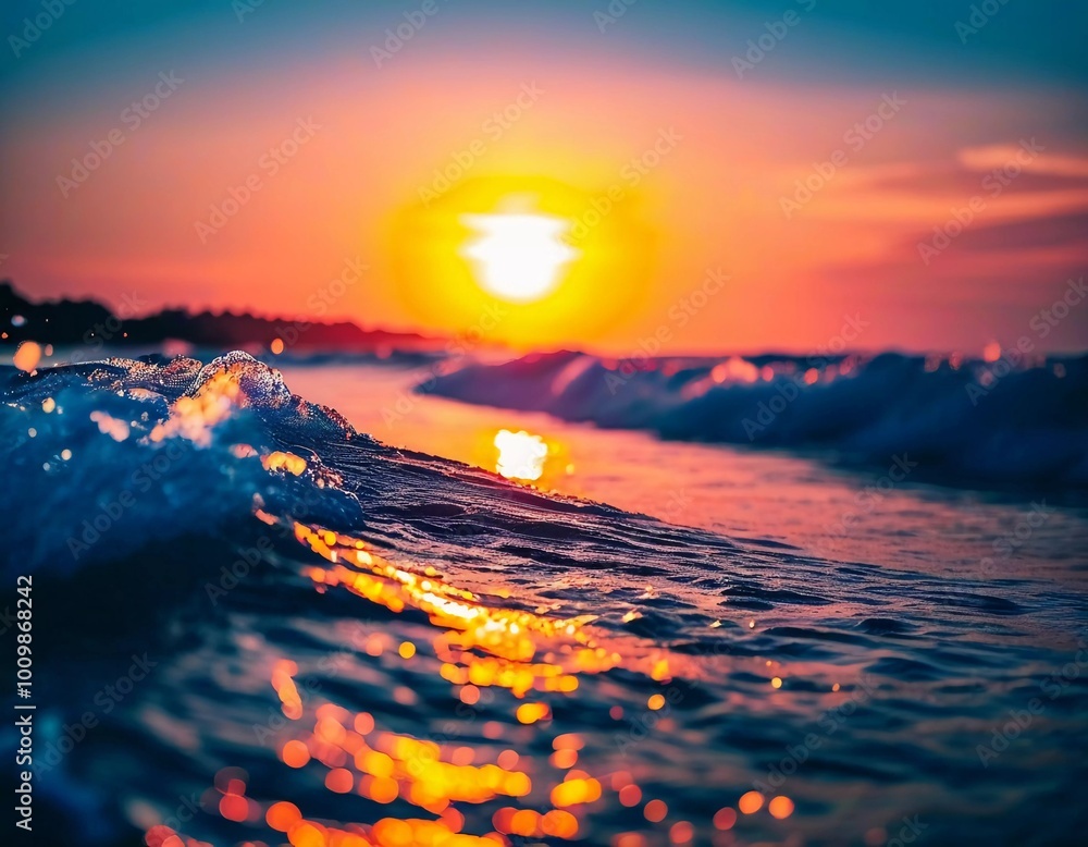 Poster The sun rises over the ocean, casting warm hues across the water. Waves gently roll in, creating bubbles that sparkle in the early light while clouds streak the sky in vibrant colors. Generative AI
