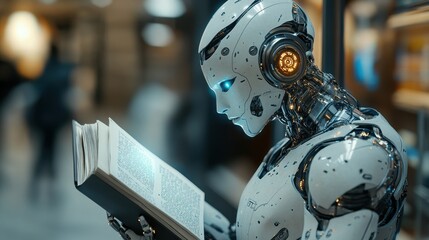 Fototapeta premium ai generated illustrution Humanoid robot with artificial intelligence reading a book