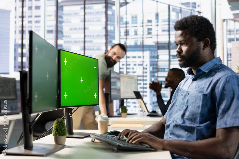 Poster focused employee analyzing datasets on green screen computer, comparing marketing graphs and checkin