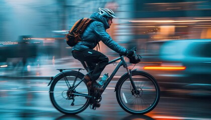 Urban cycling routes with dynamic scenes, vibrant and thrilling, Urban, Cool tones, Photograph, Outdoor activity