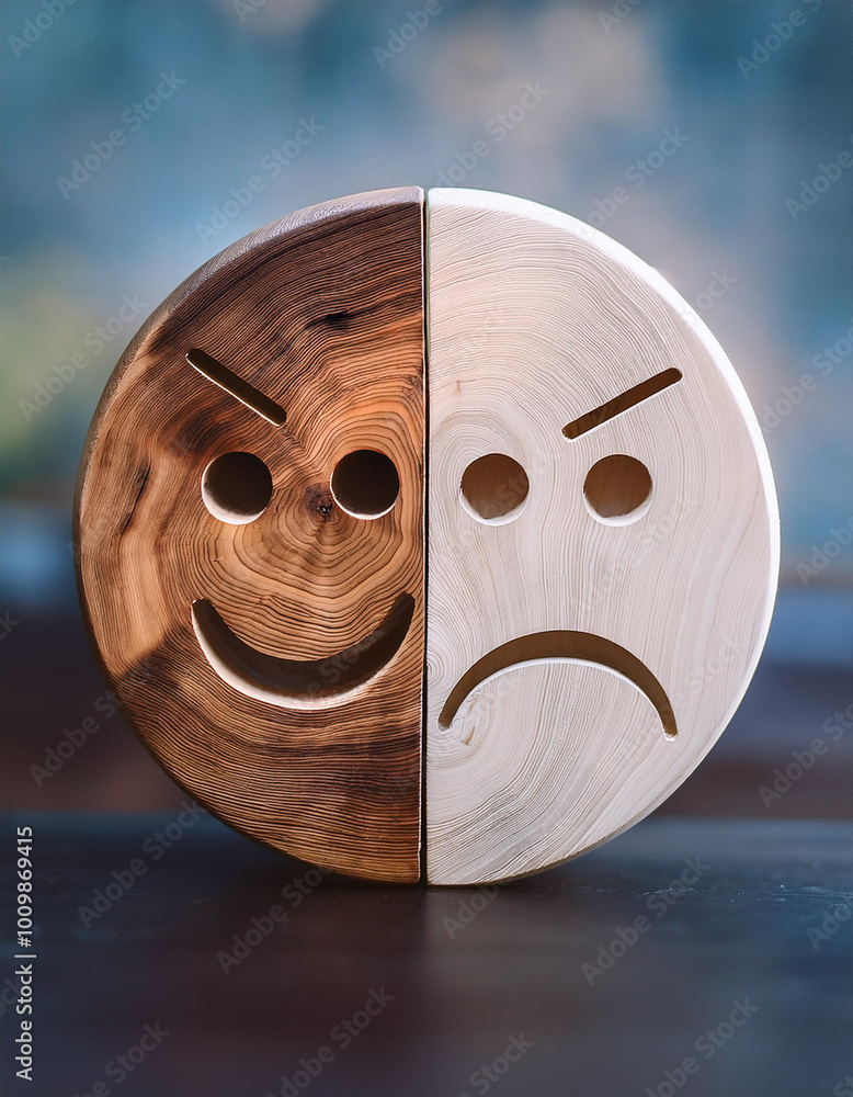 Wall mural wooden round with carved happy and angry faces, international day of happiness concept, customer rev