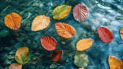 Colorful autumn leaves floating on clear water in a serene pond
