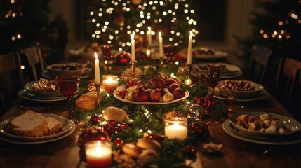 The table is elegantly set for a Christmas celebration, featuring delicious dishes, sparkling candles, and festive decorations, creating a warm holiday atmosphere