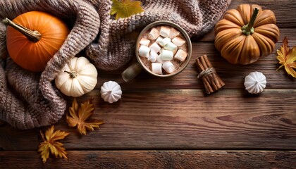 Cozy fall corner with pumpkins, warm blanket, and a cup of hot cocoa topped with marshmallows on a wooden table. Generative AI