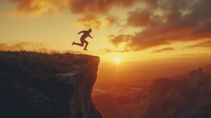 Happy new year 2025, Silhouette Man jumping from 2024 cliff to 2025 cliff on sky background. Ð¡oncept of moving from year to year. New Year's concept.