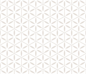 Simple vector beige and white seamless pattern. Abstract floral geometric ornament. Subtle background with flower silhouettes, leaves, lines, hexagonal grid, lattice. Minimalist repeatable geo design