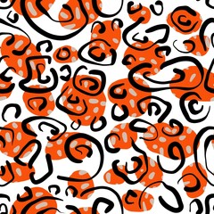 Seamless abstract geometric pattern. Texture in black, orange, beige, white colors. Digital brush strokes. Dots, lines. Design for textile fabrics, wrapping paper, background, wallpaper, cover.