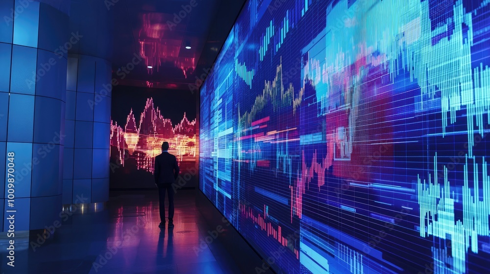 Poster a man standing in a hallway with data visualizations on the walls