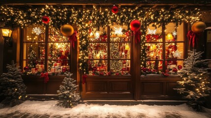 Fototapeta premium The Christmas storefront is beautifully decorated with festive lights, ornaments, and greenery, creating a warm and inviting atmosphere amidst the winter snow