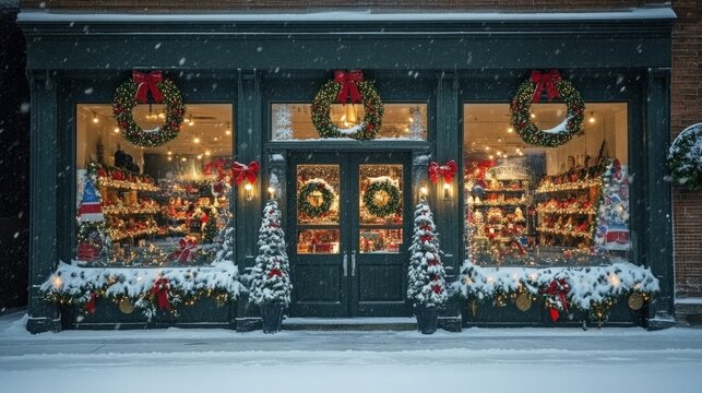 A charming storefront is beautifully decorated for the holidays with festive wreaths, twinkling lights, and snow-covered displays, creating a magical winter atmosphere