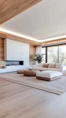 Fototapeta premium Modern living room with white couch, rug, and wood accents.