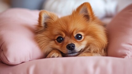 Adorable Pomeranian Puppy Relaxing on Soft Pink Cushions