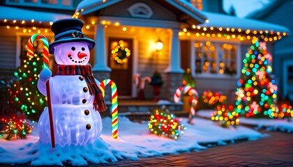 A cheerful snowman stands in front of a beautifully decorated house, illuminated by colorful lights, creating a festive holiday atmosphere.