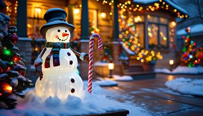 A cheerful snowman in a winter scene, adorned with lights and decorations, creates a festive atmosphere outside a cozy, warmly lit home.