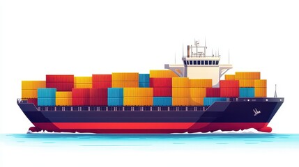 Container ship cartoon illustration against a white background designed in a 2D style 2d format
