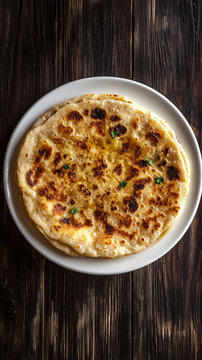 Delicious hot parotta served on a rustic wooden table, topped with fresh cilantro - a tempting example of traditional indian cuisine