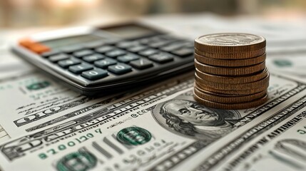 Fototapeta premium Stacks of coins beside a calculator on top of American dollar bills in a well-lit environment during the day