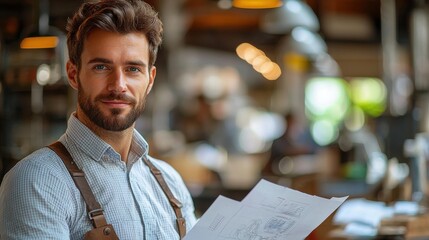 Confident artisan reviewing blueprints in a bustling workshop filled with warm lighting and creative energy