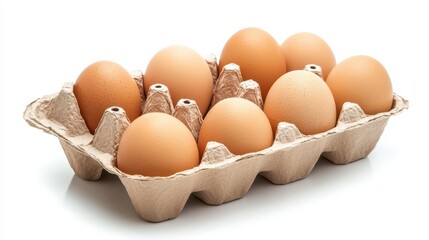 Fresh brown eggs in a cardboard carton on white background