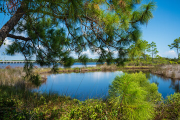Phillips Inlet Bridge over the Powell Lake, Panama City Beach. It is on the Bay County and Walton County line, connecting 30A Scenic Highway and the coastal city. Overlooks to Gulf of Mexico