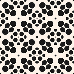 Abstract seamless pattern with organic shapes, dots, drops. Simple black and white geometric background texture. Vector minimal monochrome ornament. Repeated geo design for decor, printing, embossing