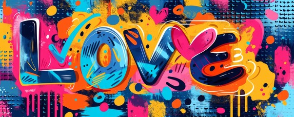 Colorful pop art background with "LOVE" text. Energetic design, Bold patterns, Bright vector