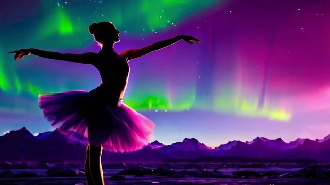 
northern lights and silhouette of a dancing girl ballerina