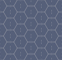 Vector abstract minimal geometric pattern with hexagonal grid, wavy shapes, curved lines, stripes. Subtle minimalist dark blue texture. Elegant modern background. Repeated design for decor, textile