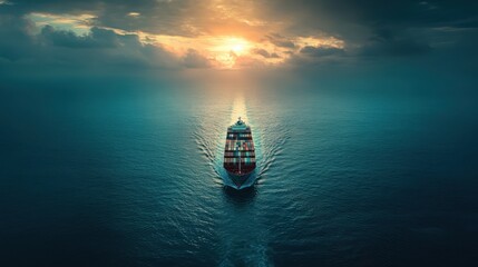 Obraz premium Aerial panorama of a cargo ship carrying container for import and export business logistic and transportation in open sea with copy space