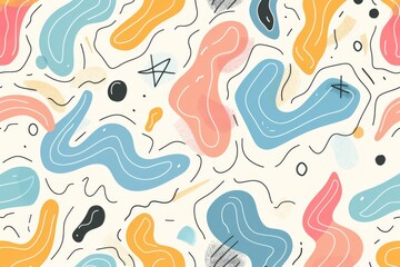 Obraz premium abstract pattern with various colorful, irregular shapes and lines in pastel colors like yellow, pink, blue, and green on a white background. The design is playful and dynamic.