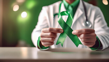 world bipolar day, green ribbon symbol on blurred background Green ribbon of hope, blurred medical professional, mental health awareness and support, health campaigns, awareness programs