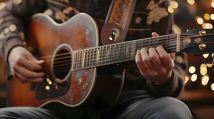 Obraz premium A close-up of a man's hands playing an acoustic guitar. The warm lighting and blurred background create a cozy atmosphere.