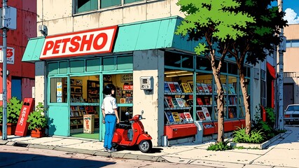 Fototapeta premium pet shop exterior retro anime high-quality image and aesthetic finish background