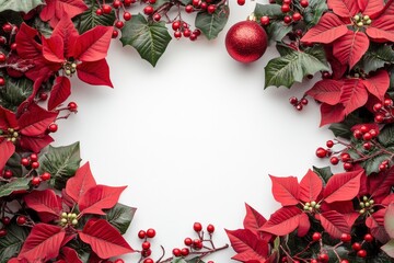 Christmas decoration. Frame of flowers of red poinsettia, branch christmas tree, ball, red berry on a white background with space for text. with generative ai