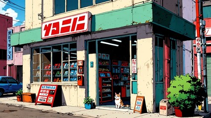 Obraz premium pet shop exterior retro anime high-quality image and aesthetic finish background