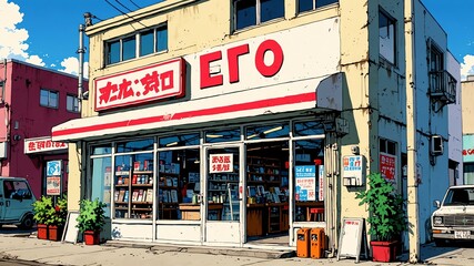 pet shop exterior retro anime high-quality image and aesthetic finish background