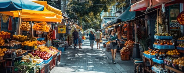 Fototapeta premium Urban street markets with diverse stalls, lively and vibrant, Urban, Bright hues, Photograph, Community life