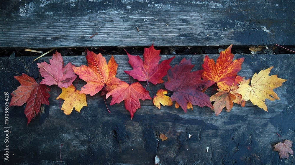 Canvas Prints Vibrant Autumn Leaves Artfully Arranged on Wood