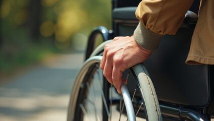 Obraz premium Hand on Wheelchair Wheel in Outdoor Setting