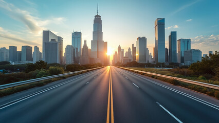 City Skyline at Sunrise with Dramatic Shadows