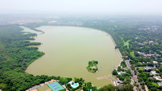 Aerial view of sukhna lake in chandigarh is a planned Indian city. Sukhna lake is a reservoir at the foothills of the Himalayas.