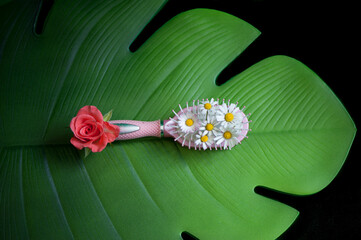 Hair brush with daisies and a rose