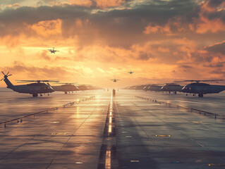 Fototapeta premium Military Precision: Airport Runway with Helicopters and Cargo Planes