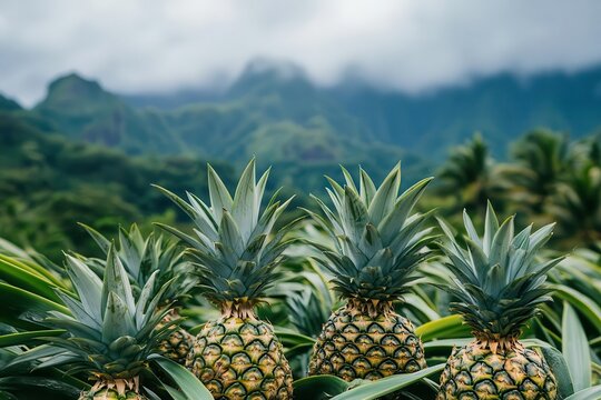 Lush pineapple field with mountains and clouds in the background.