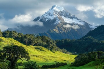 Obraz premium Majestic snow-capped mountain rises above lush green hills under a cloudy sky.