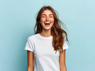 A young woman posing for a t-shirt mockup, wearing a blank , clean white shirt