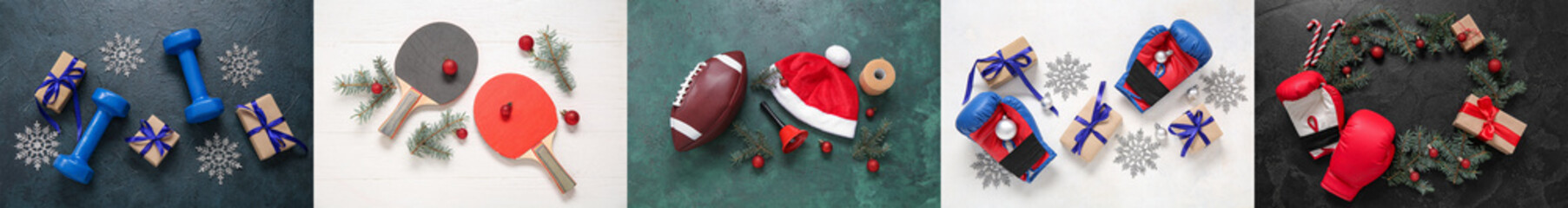 Collage of sports equipment with gifts and Christmas decorations on color background